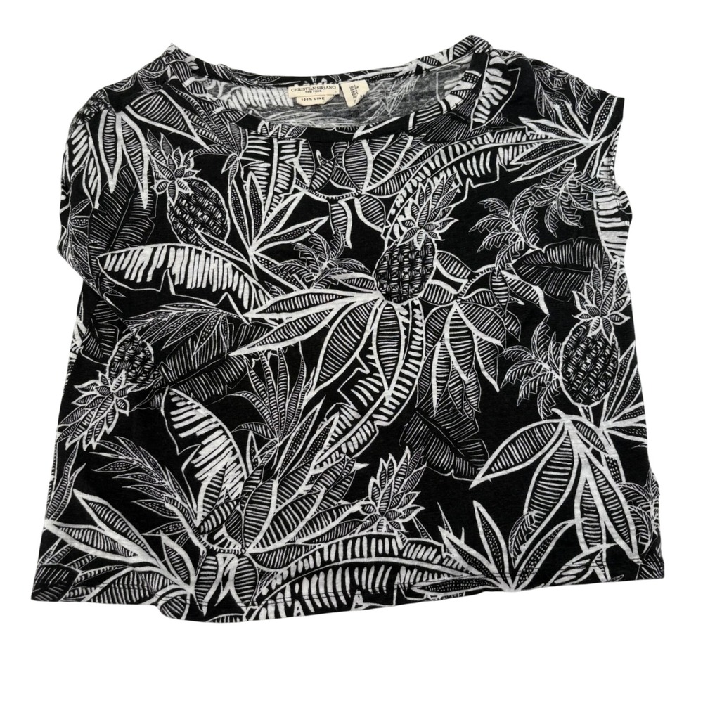 Christian Siriano Black White Tropical Linen Pineapple Print Scoop Neck Top S
